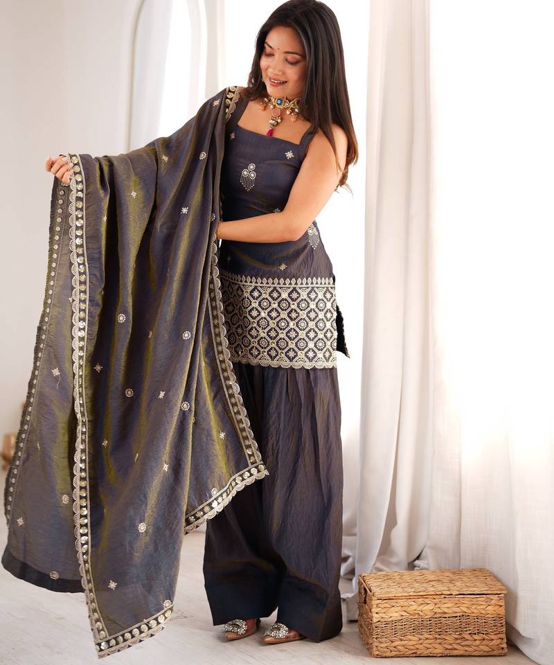 Women's dark grey embroidered patiala suit set with dupatta