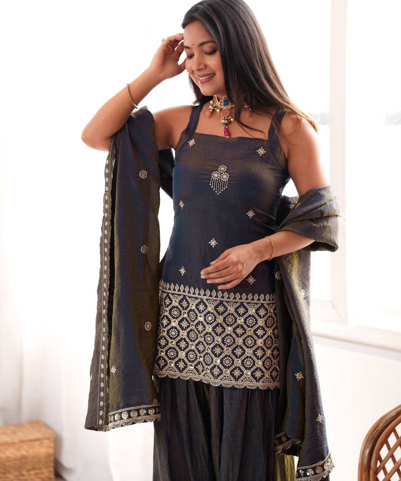Women's dark grey embroidered patiala suit set with dupatta