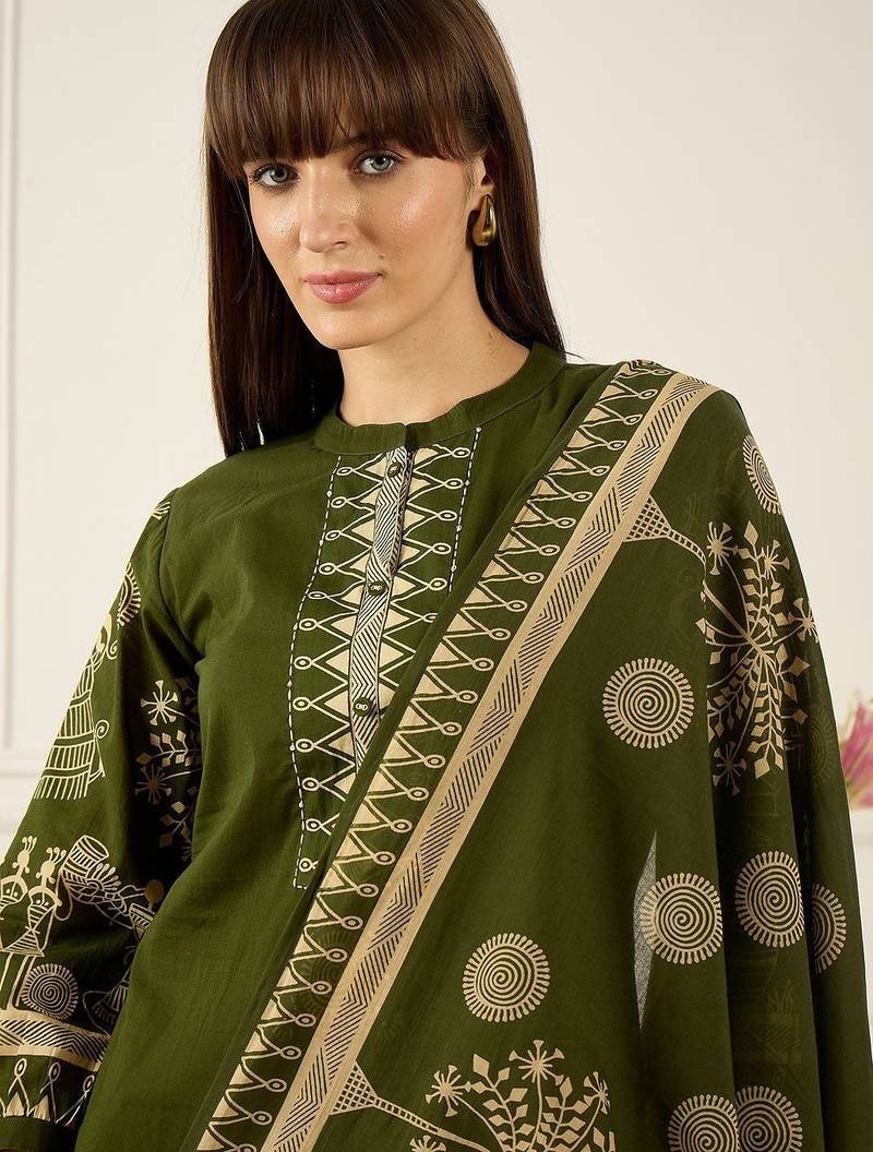 Women Ethnic Motifs Printed Regular Pure Cotton Kurta with Trousers & With Dupatta