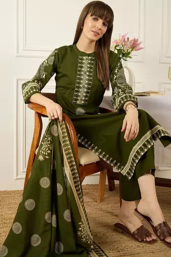 Women Ethnic Motifs Printed Regular Pure Cotton Kurta with Trousers & With Dupatta