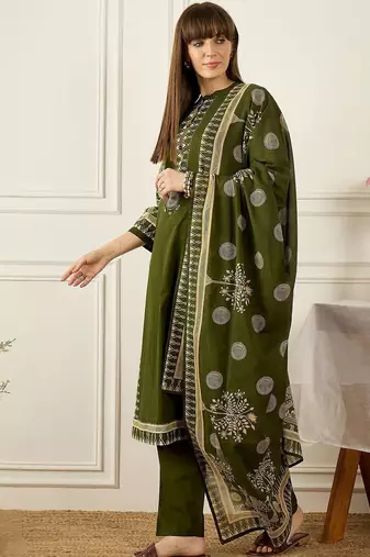 Women Ethnic Motifs Printed Regular Pure Cotton Kurta with Trousers & With Dupatta