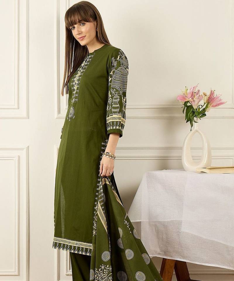 Women Ethnic Motifs Printed Regular Pure Cotton Kurta with Trousers & With Dupatta