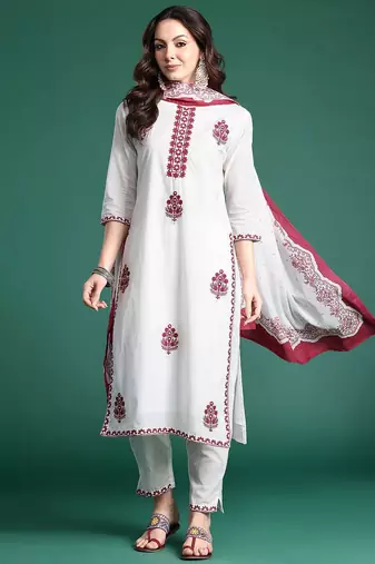 Floral Embroidered Kurta with Trousers & Dupatta