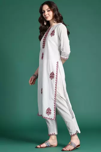 Floral Embroidered Kurta with Trousers & Dupatta