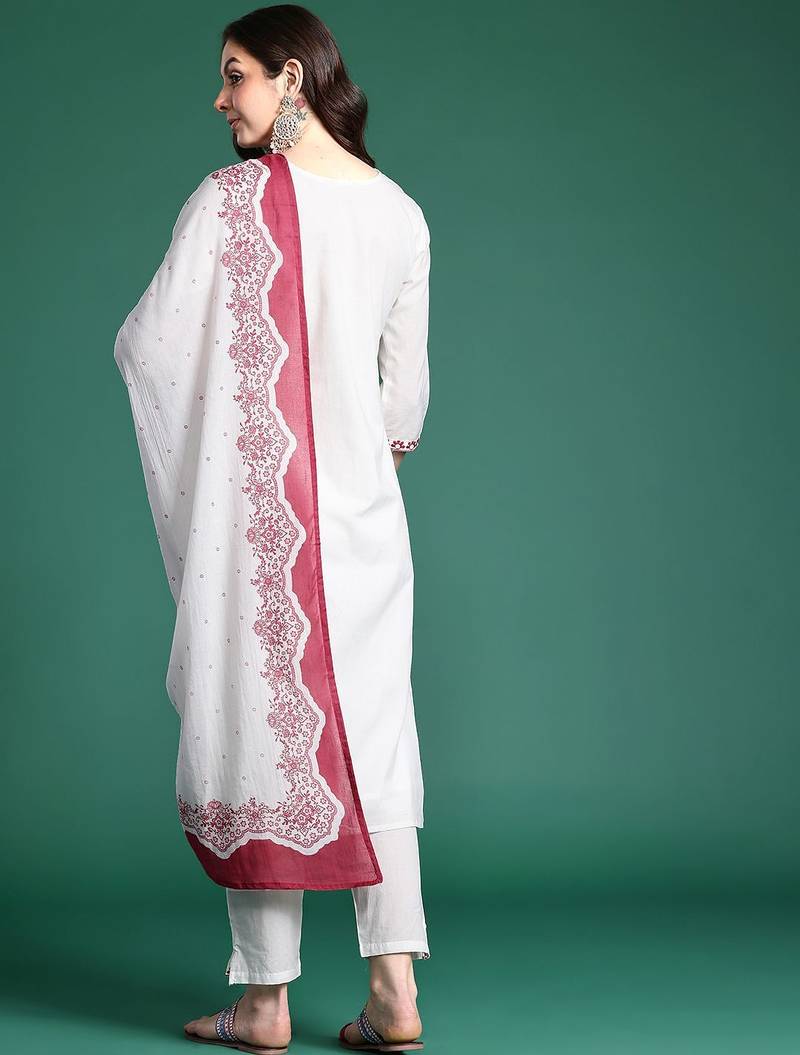 Floral Embroidered Kurta with Trousers & Dupatta