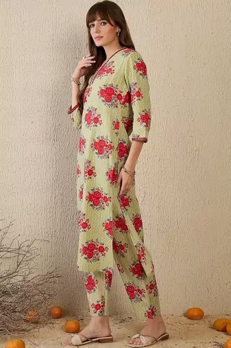 Women Floral Printed Regular Mirror Work Pure Cotton Kurta with Trousers