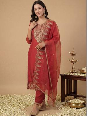 Women Ethnic Motifs Embroidered Regular Thread Work Kurta With Trousers & Dupatta 2