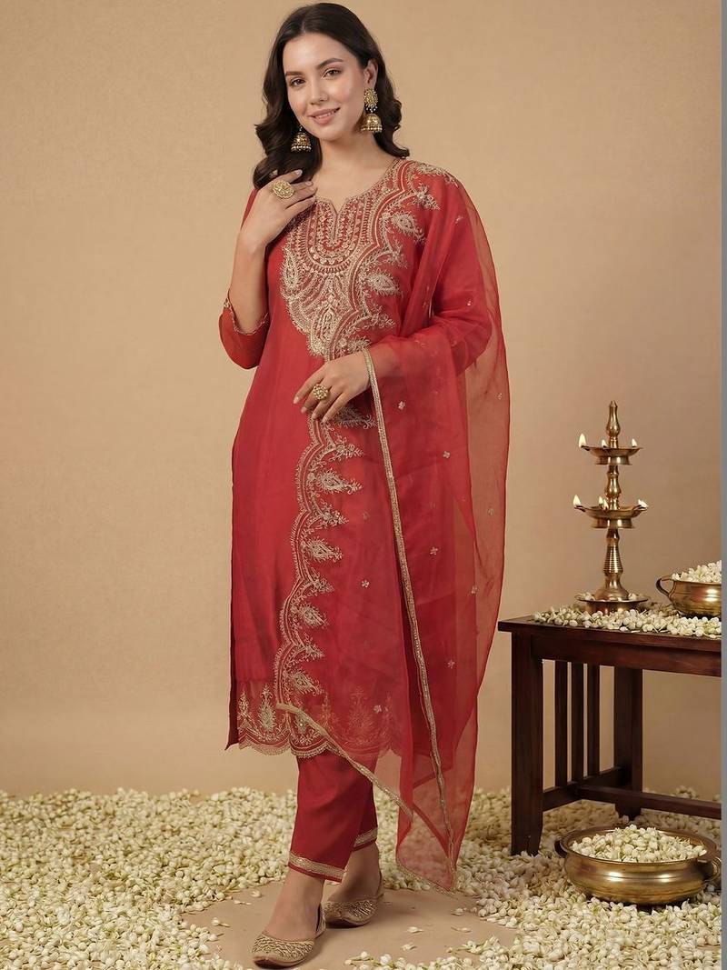 Women Ethnic Motifs Embroidered Regular Thread Work Kurta With Trousers & Dupatta