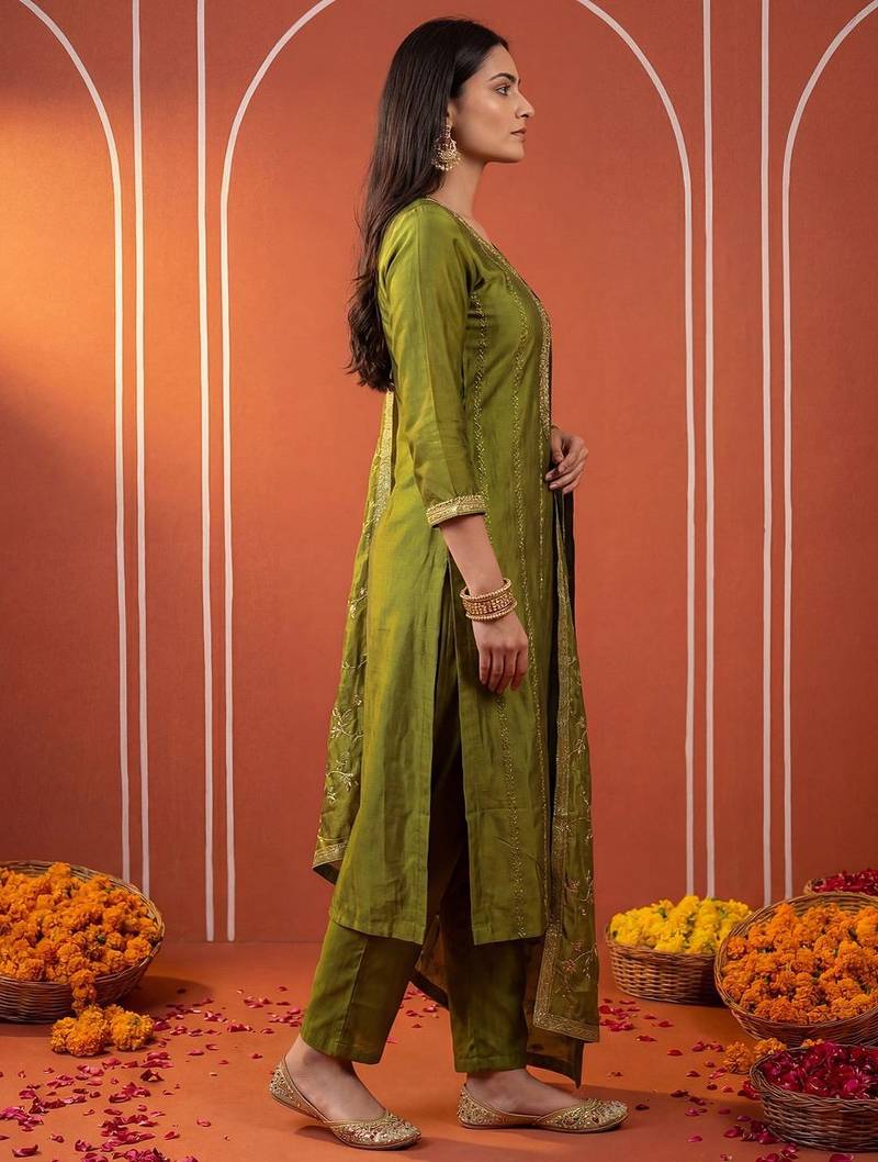 Women Ethnic Motifs Embroidered Regular Sequinned Kurta with Trousers & With Dupatta