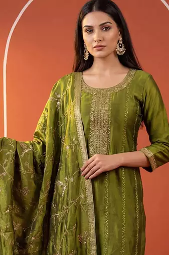 Women Ethnic Motifs Embroidered Regular Sequinned Kurta with Trousers & With Dupatta