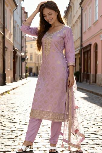 Women Regular Kurta with Trousers & With Dupatta