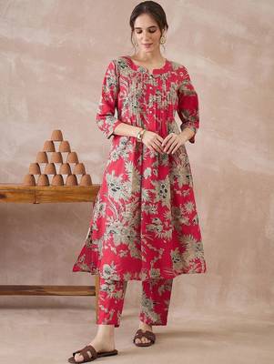 Women Floral Printed Regular Pure Cotton Kurta with Trousers 5