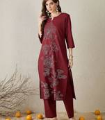 Women Floral Embroidered Thread Work Pure Cotton Kurta with Trousers