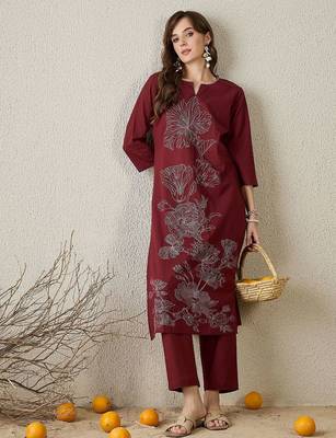 Women Floral Embroidered Thread Work Pure Cotton Kurta with Trousers 6