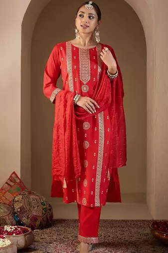 Women Ethnic Motifs Embroidered Regular Sequinned Kurta with Trousers & With Dupatta