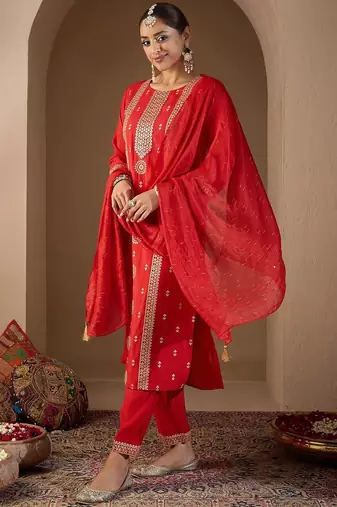 Women Ethnic Motifs Embroidered Regular Sequinned Kurta with Trousers & With Dupatta