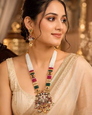Gold-plated beaded kundan & meenakari long rani haar jewellery set 1