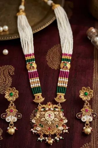 Gold-plated beaded kundan & meenakari long rani haar jewellery set