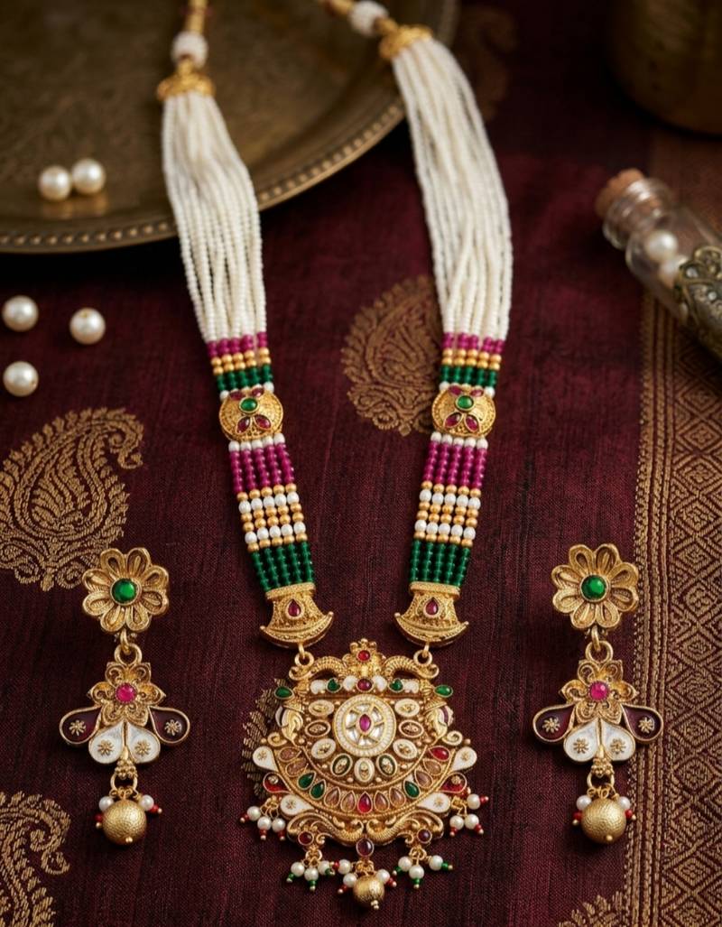 Gold-plated beaded kundan & meenakari long rani haar jewellery set