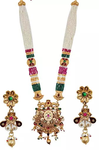 Gold-plated beaded kundan & meenakari long rani haar jewellery set