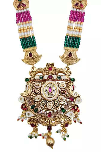 Gold-plated beaded kundan & meenakari long rani haar jewellery set