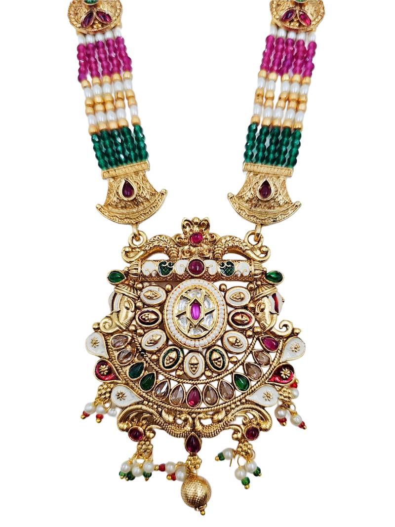 Gold-plated beaded kundan & meenakari long rani haar jewellery set