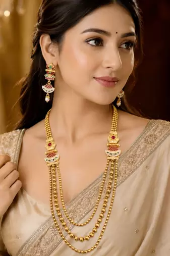 Gold-plated meenakari multi-strand long necklace set with drop earrings
