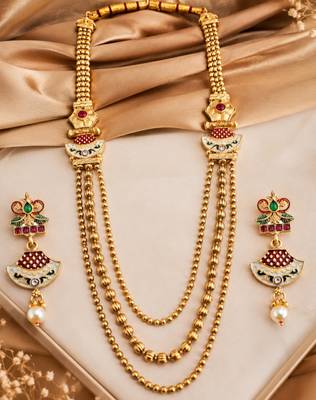 Gold-plated meenakari multi-strand long necklace set with drop earrings 2