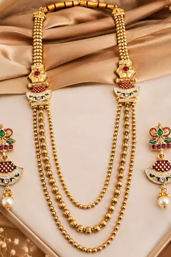 Gold-plated meenakari multi-strand long necklace set with drop earrings
