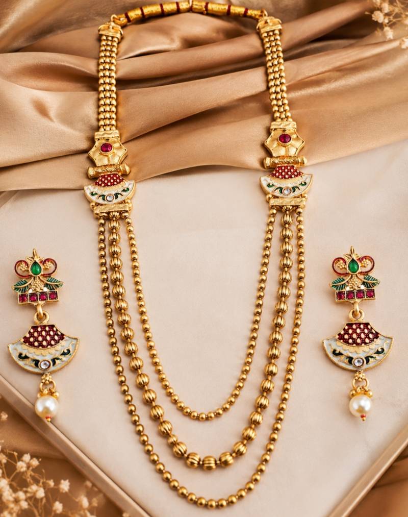 Gold-plated meenakari multi-strand long necklace set with drop earrings