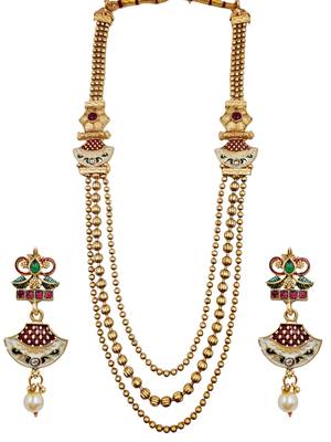 Gold-plated meenakari multi-strand long necklace set with drop earrings 3