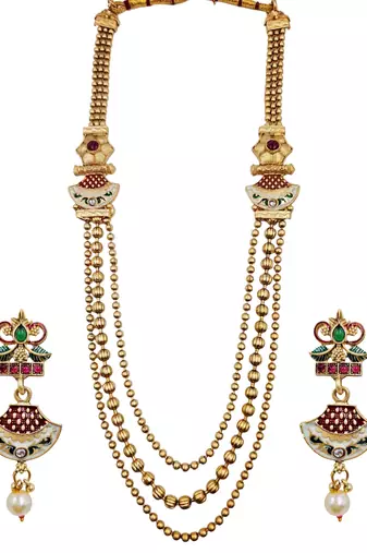 Gold-plated meenakari multi-strand long necklace set with drop earrings