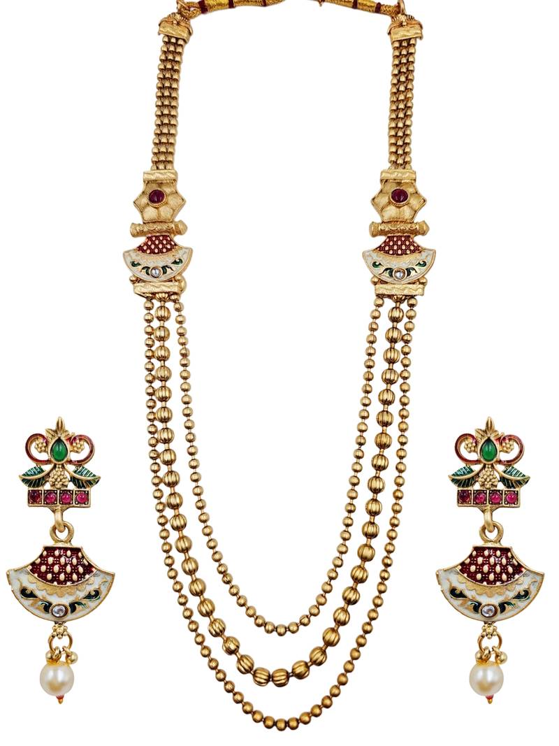 Gold-plated meenakari multi-strand long necklace set with drop earrings
