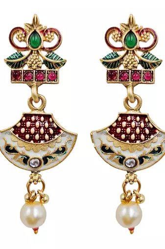 Gold-plated meenakari multi-strand long necklace set with drop earrings