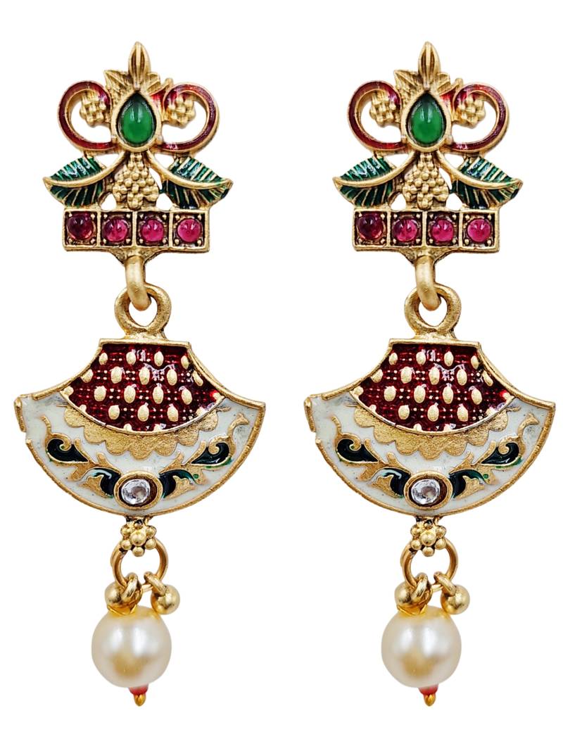 Gold-plated meenakari multi-strand long necklace set with drop earrings