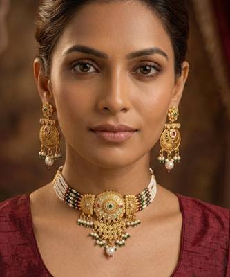 Gold-toned multi-strand pearl choker jewellery set with matching earrings 1