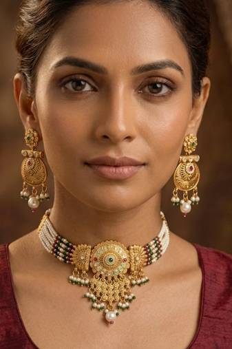 Gold-toned multi-strand pearl choker jewellery set with matching earrings