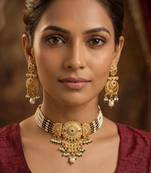 Gold-toned multi-strand pearl choker jewellery set with matching earrings