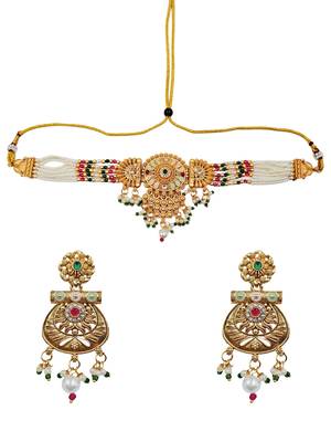 Gold-toned multi-strand pearl choker jewellery set with matching earrings 3