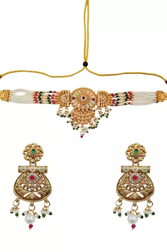 Gold-toned multi-strand pearl choker jewellery set with matching earrings