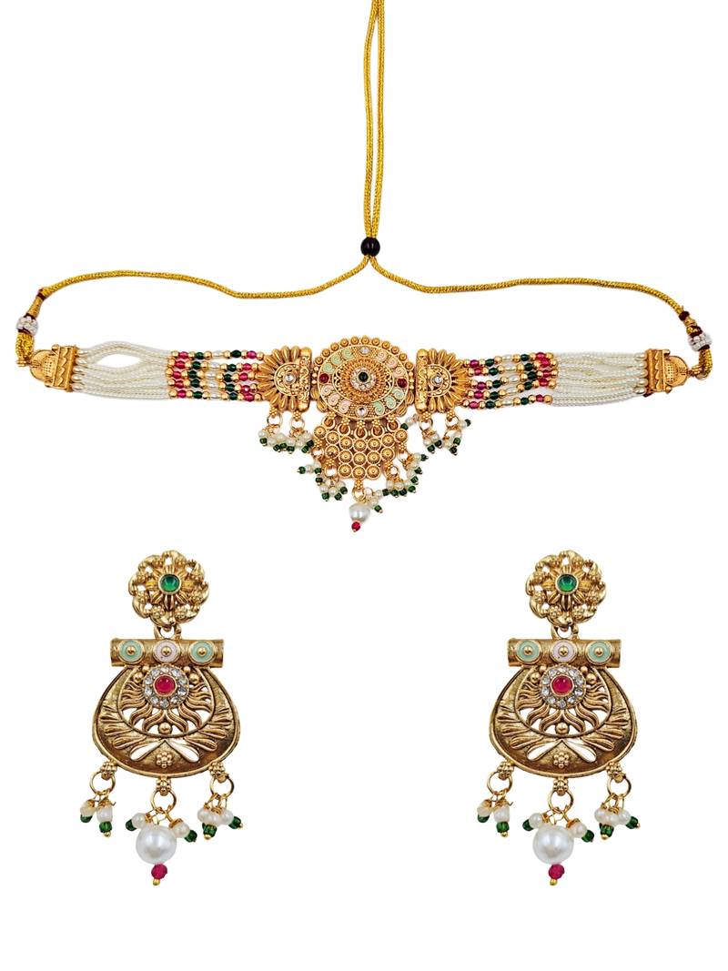 Gold-toned multi-strand pearl choker jewellery set with matching earrings