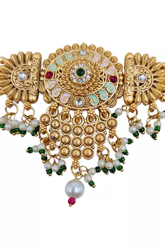 Gold-toned multi-strand pearl choker jewellery set with matching earrings