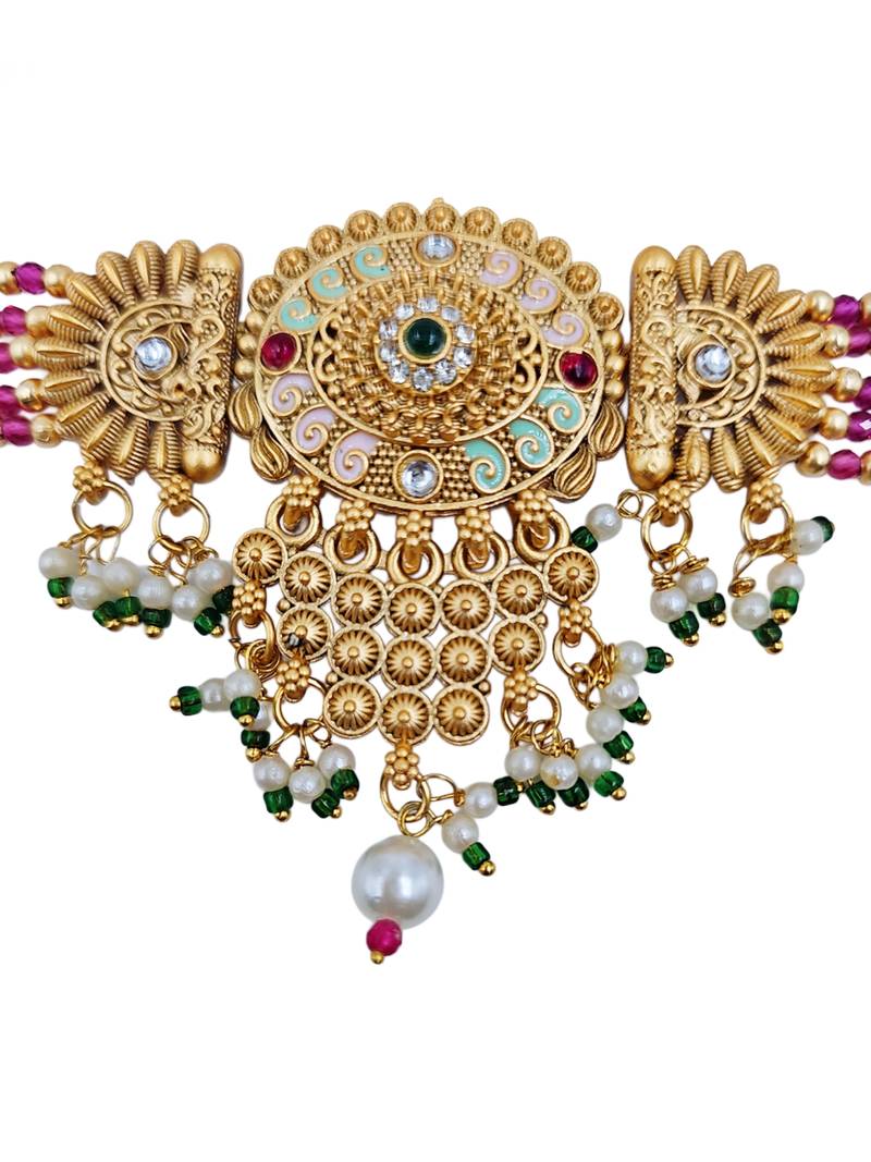 Gold-toned multi-strand pearl choker jewellery set with matching earrings
