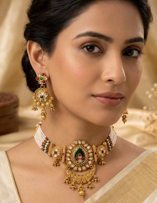 Women gold-plated kundan & pearl studded multi-strand choker jewellery set 1