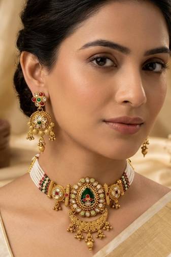Women gold-plated kundan & pearl studded multi-strand choker jewellery set