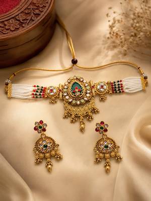 Women gold-plated kundan & pearl studded multi-strand choker jewellery set 2