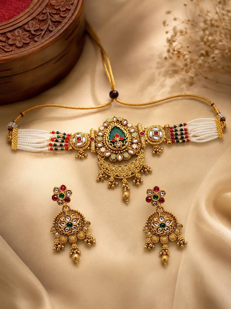 Women gold-plated kundan & pearl studded multi-strand choker jewellery set