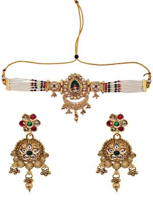 Women gold-plated kundan & pearl studded multi-strand choker jewellery set 3