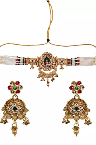 Women gold-plated kundan & pearl studded multi-strand choker jewellery set