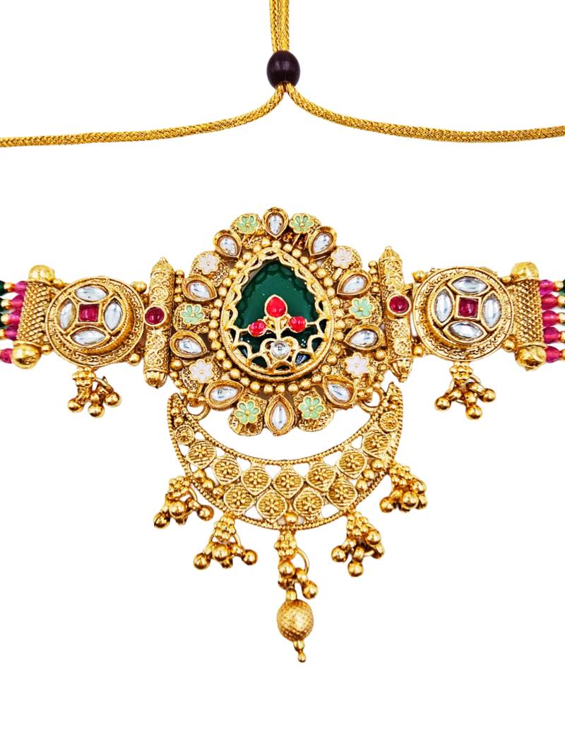 Women gold-plated kundan & pearl studded multi-strand choker jewellery set